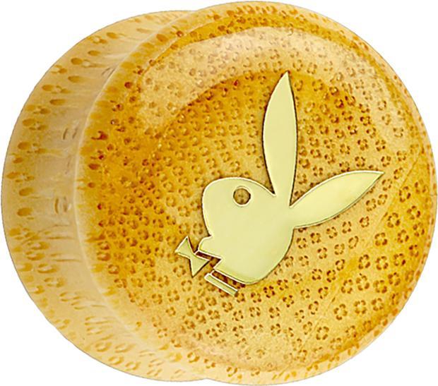 Produktbild Star Piercing Flared Plug aus Bambusholz Playboy Bunny auf goldenem grund (ohne Messing, Organisch, Mineralisch)