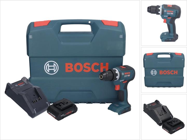 1x Bosch GSR 18V-55 Professional cordless drill driver, 1x Bosch GBA 18 V 4.0 Ah ProCORE slide-in battery, 1x Bosch GAL 18V-40 charger, 1x Bosch L-Case