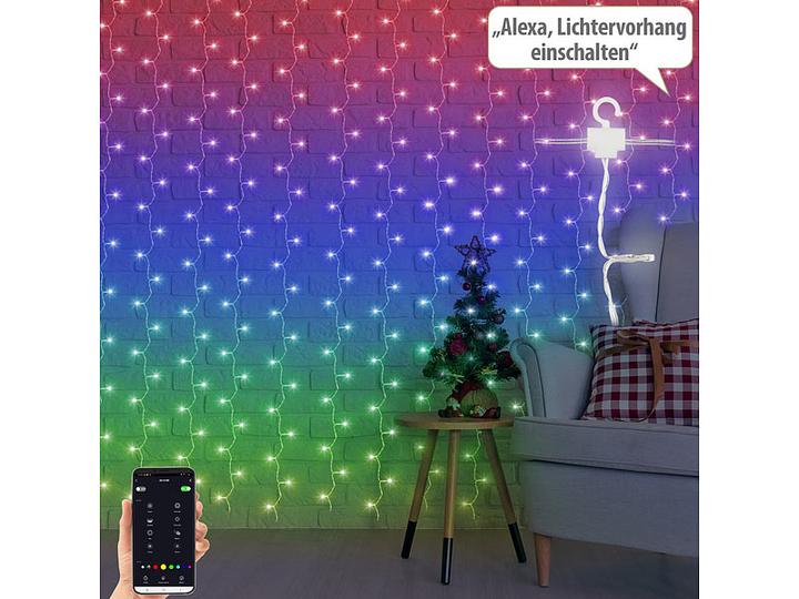 Produktbild Luminea 2er-Set WLAN-LED-Lichtervorhang, 180 LEDs, RGB, App, IP44, 3 x 3 m (3 m)