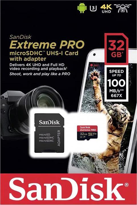 Actual product image SanDisk Extreme PRO UHS-I V30 (32 GB, microSDHC, U3, UHS-I)