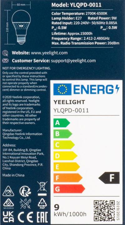 Label énergétique Yeelight Inteligentna żarówka W4 E27 (kolor) 1szt (E27, 4 W, 806 lm, 1 x, F)