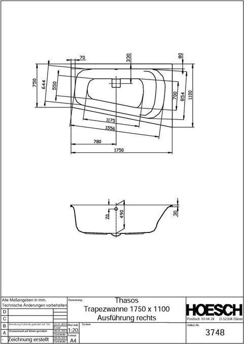 Immagine prodotto Hoesch Vasca da bagno trapezoidale THASOS 1750x1100x490mm bianco (280 l, 179 cm, 111 cm)