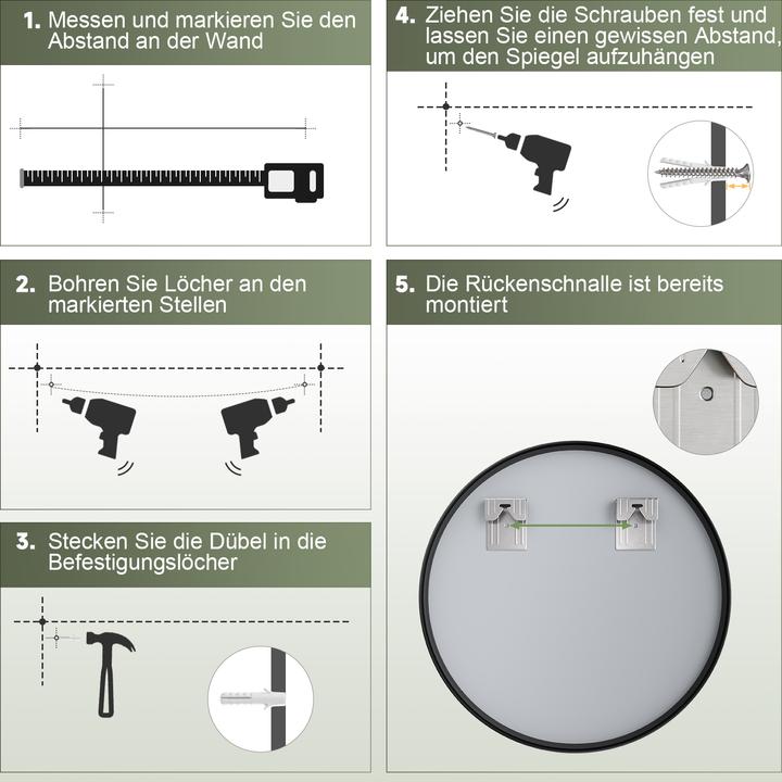 Produktbild SONNI runder Wandspiegel, 40 cm, schwarzer Aluminiumrahmen, Wandmontage, hochauflösender Glas-Kosmet