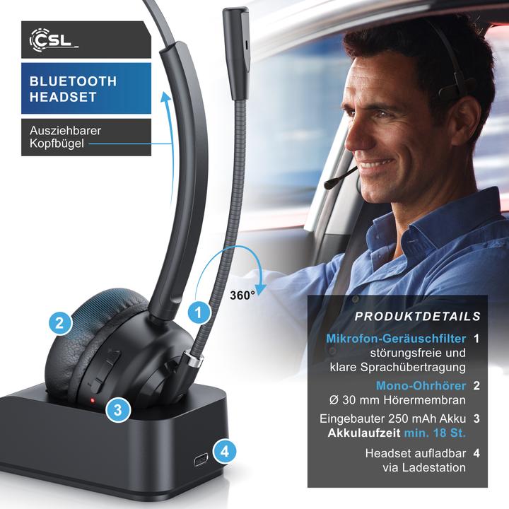 Produktbild CSL Wireless-Headset, Bluetooth Kopfhörer, Mikrofon, Ladestation, Noise Cancel, Multipoint, BT 5.3 (Kabellos, USB-A)