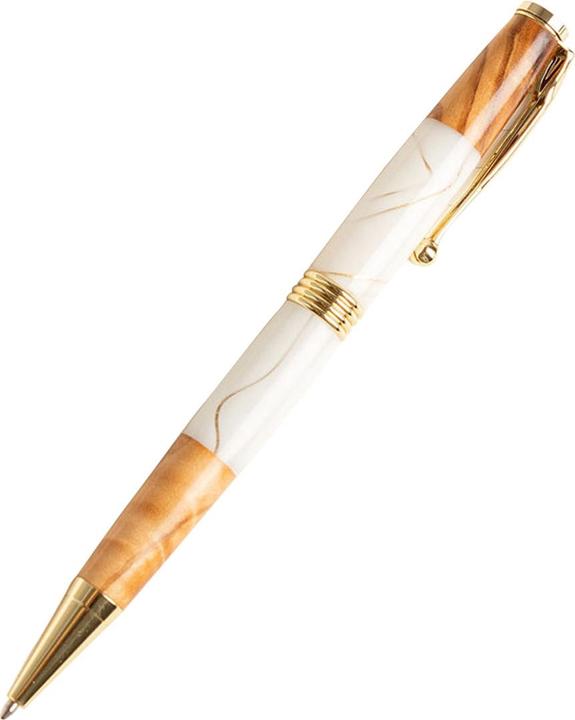 Produktbild Natura Punto Holzkugelschreiber Olive mit Metall- und Harz-Details, braun, weiss, gold (Weiss, Gold, Braun)