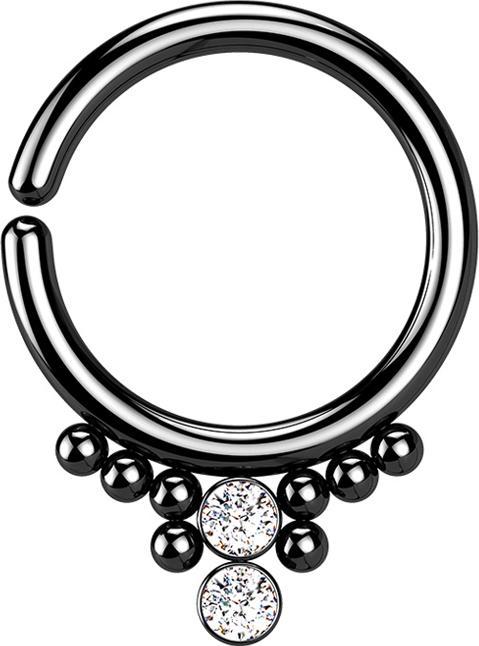 Star Piercing Micro Piercing Ring schwarz acht Kugeln und zwei Kristalle silber (ohne Messing, Chirurgenstahl 316L)