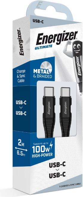 Actual product image Energizer Metal/braided nylon cable - USB-C/USB-C - 2 m, black (2 m, USB 3.0, 100 W)