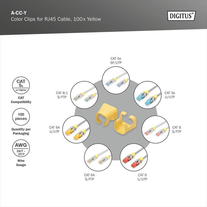 Produktbild Digitus Farbclips für RJ45-Kabel Farbe Gelb, 100 Stück Packung