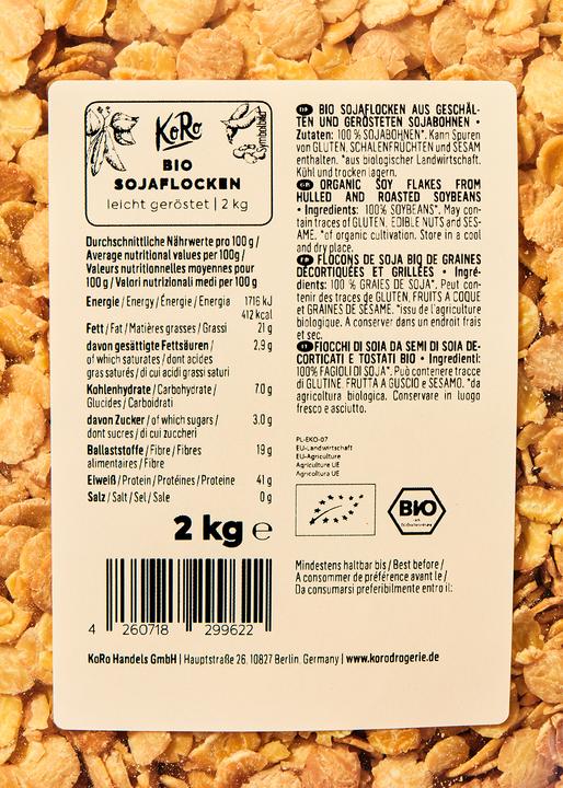 Nährwerte und Zutaten KoRo Bio Sojaflocken aus geschälten und gerösteten Sojabohnen (2000 g)