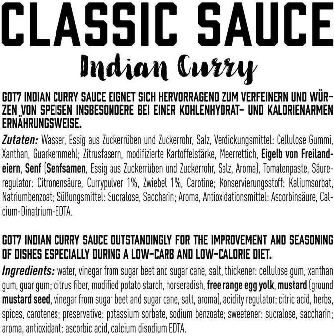 Nährwerte und Zutaten GOT7 Nutrition GOT7 Classic Sauce Indian Curry (350ml) (300 g)