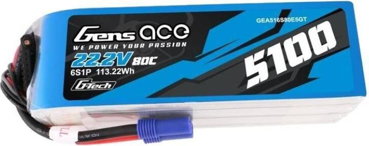 Actual product image Gens Ace G-Tech 5100mAh 80C 22.2V 6S1P Lipo Battery Pack with EC5 plug (22.20 V, 5100 mAh)