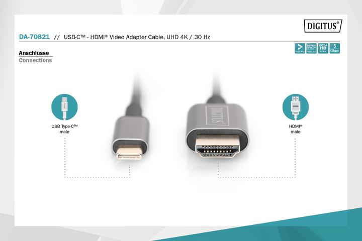 Immagine prodotto Digitus USB Typ C — HDMI (Typ A) (1.80 m, USB tipo C)