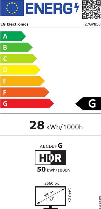 Label énergétique LG UltraGear 27GP850-B (2560 x 1440 pixels, 27")