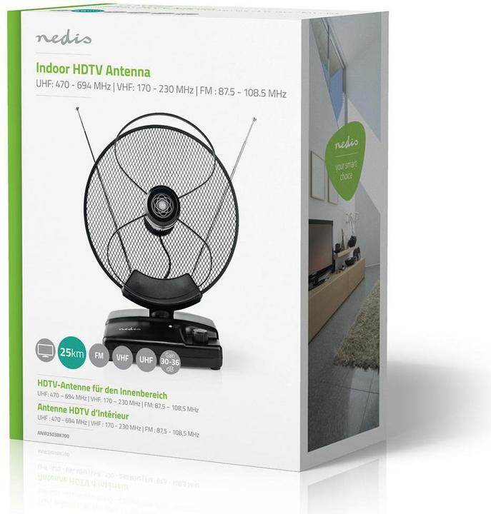 Produktbild Nedis ANIR2503BK700 - Pokojová HDTV Anténa | 0–25 km | Zesílení 30–36 dB | FM/VHF/UHF | Černá (Zimmerantenne, 36 dB, DVB-T / -T2, LTE)