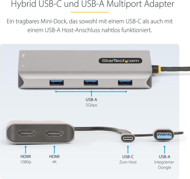 Produktbild StarTech COM USB-C & USB-A Multiport Adapter Dual HDMI 4K/1080p 3-Port USB Hub USB-C to A Dongle Min (USB-C, 4 Ports)