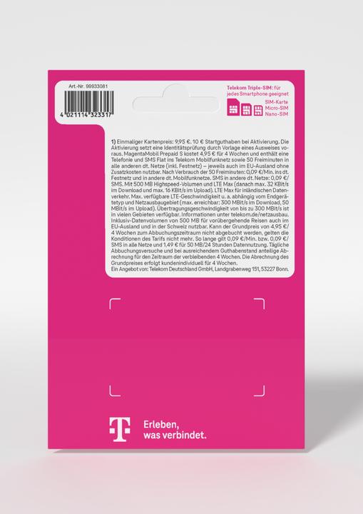 Actual product image Telekom Magenta Mobil Prepaid S (500 MB / 30 days)