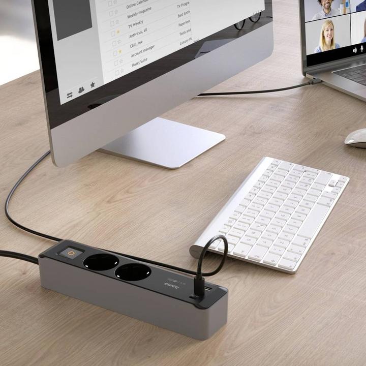 Actual product image Hama Power strip, 2-way, USB-C/A 65W, PD, switch, 1.4 m, black/grey (2 x, CEE 7/3, 1.40 m)