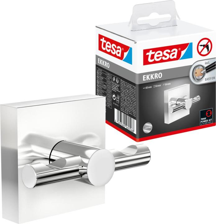 Actual product image tesa EKKRO Towel hook, chrome-plated stainless steel - Bathroom hook for wall mounting without drilling
