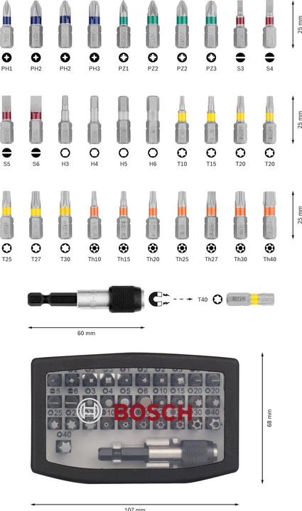 Produktbild Bosch Professional Zubehör Bits-Satz mit Klingenhalter (Kreuz Phillips PH M1, Kreuz Phillips PH M2, Kreuz Pozidriv PZ M1, Kreuz Pozidriv PZ M2, Kreuz Phillips PH M3, Kreuz Pozidriv PZ M3, Innensechsrund TX mit Loch M10, Innensechsrund TX mit Loch M20, Innensechsrund TX Mit Loch M25, Innensechsrund TX mit Loch M27, Innensechsrund TX mit Loch M30)