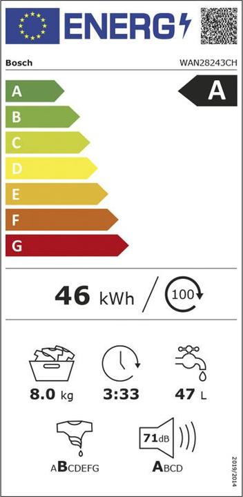 Label énergétique Bosch Hausgeräte WQG233D1CH & WAN28243CH Tour de lavage (8 kg, Droite, Fiche CH)