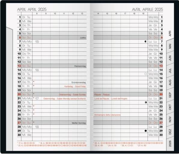 Actual product image Pocket calendar 751 8,7x15,3cm 1 month/2 pages plastic cover silver coloured 2025 (German, Italian, French, English)