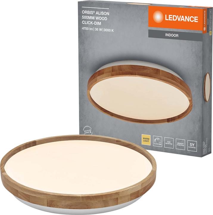 Image du produit Ledvance Plafonnier LED 4099854283604, avec anneau en bois, intensité lumineuse variable, 3000K (2600 lm)