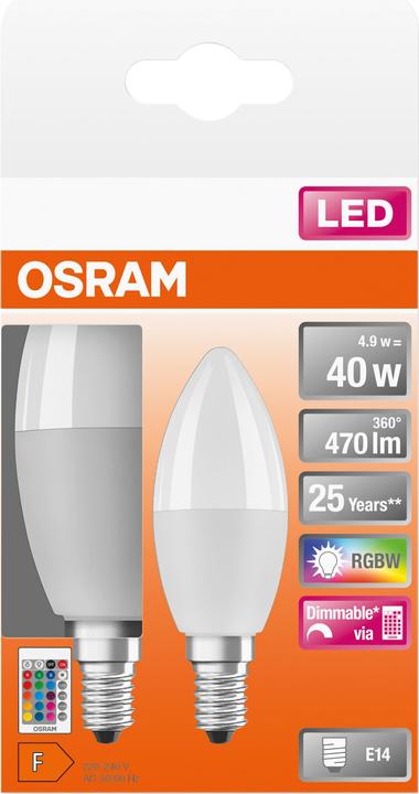 Produktbild Osram Led Retrofit Rgbw Lamps With Remote Control (E14, 4.90 W, 470 lm, 2 x, F)