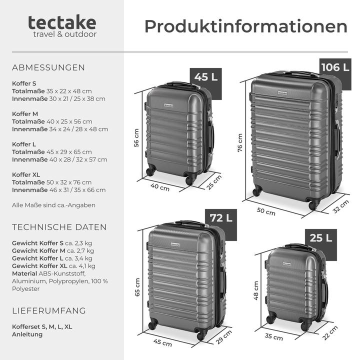Immagine prodotto tectake Set di valigie rigide (106 l, Bagaglio a mano (fino a 50 litri), M (50 - 90l), L (90 - 115l))