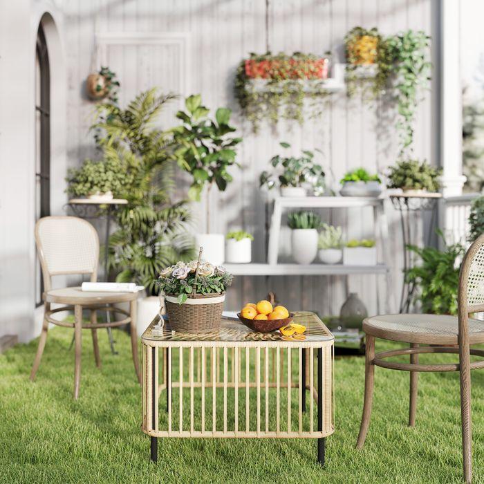 Produktbild Swisshandel24 Polyrattan Gartentisch, 65x65x43 cm, mit Glasplatte Naturholz