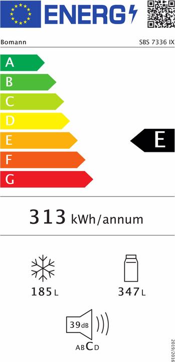 Energie-Label Bomann SBS 7336 IX Side-by-Side Kühlkombination Freistehend E Edelstahl (532 l)