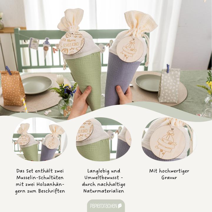 Produktbild Papierdrachen Schultüten Musselin mit Holzanhänger (47.50 cm, 2 x)