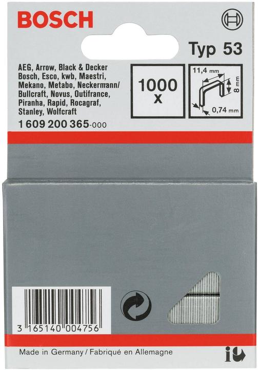 Image du produit Bosch Professional Zubehör Agrafe à fil fin type 53, 11,4 x 0,74 x 8 mm, pack de 1000