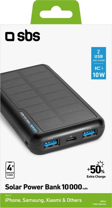 Actual product image SBS Solar Powerbank USB/USB-C, 10,000 mAh, black (10000 mAh, 10 W, 37 Wh)