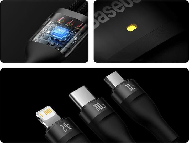 Immagine prodotto Baseus Cavo USB 3in1 Serie Flash, USB-C + micro USB + Lightning, 100W, 1,2 m (nero) (1.20 m, USB 3.2 Gen 1, 100 W)