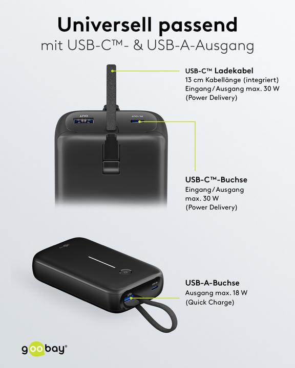 Image du produit Goobay Powerbank 20.000 mAh mit integriertem USB-C-Kabel (20000 mAh, 30 W)