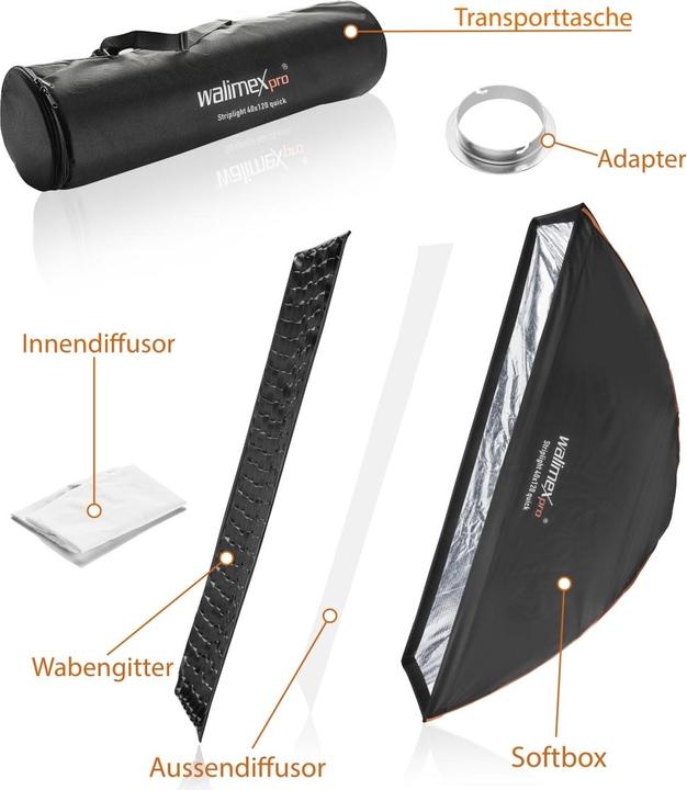 Image du produit Walimex pro pro Studio Line Striplight QA 40x120cm avec adaptateur pour boîte à lumière (Boîte à lumière, 40 cm)