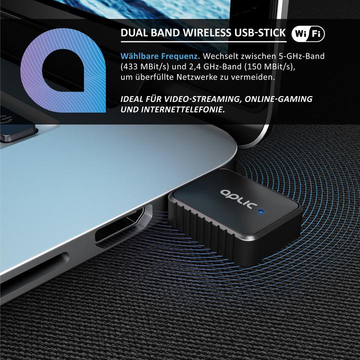 Produktbild Aplic WLAN USB Adapter Stick Dongle, WiFi Stick 600 MBit/s 2,4 GHz + 5 GHz / 802.11 ac/n/g/b/h, Windows 11 (USB)