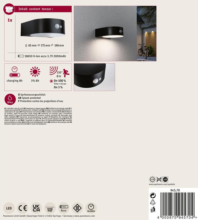 Actual product image Paulmann Solar Wall Light Eileen (600 lm, IP44)