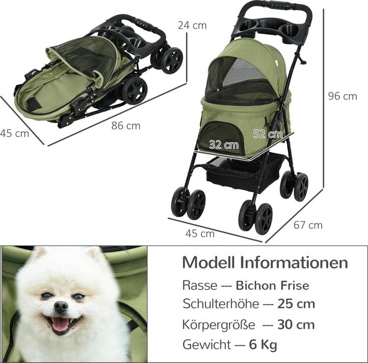 Produktbild PawHut Hundebuggy mit 2 Flaschenhaltern und einem Bodenkorb (Hund, Faltbar)
