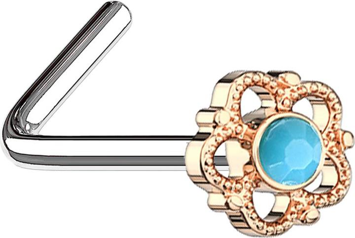 Star Piercing Nasenstecker gewinkelt rosegold Blume mit türkis Stein (Chirurgenstahl 316L, Messing, Mineralisch)