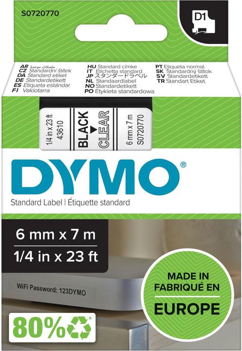 Actual product image Dymo D1 writing tape 43610 6mmx7.0m black->transp. (0.60 cm, Black, Transparent)