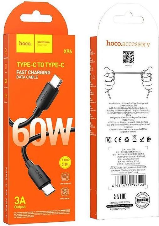 Produktbild Hoco USB-C to USB-C X96, 60W, 3A, 1m, schwarz (1 m, USB 3.2 Gen 1, 60 W)