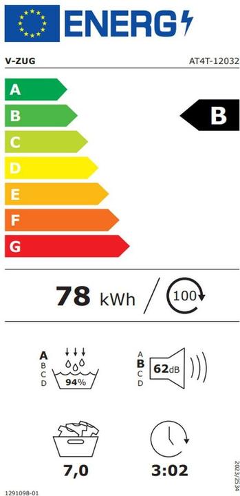 Etichetta energetica V-Zug AdoraTrocknen V4000 (7 kg, A destra)