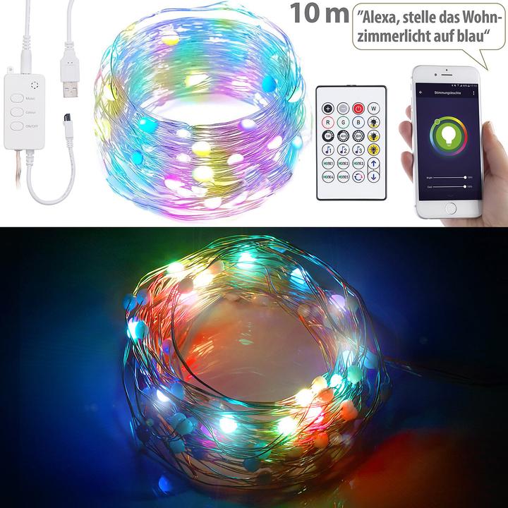 Image du produit Luminea Fil lumineux à LED RVB avec commande musicale, WLAN et App, USB, 10 m (10 m)