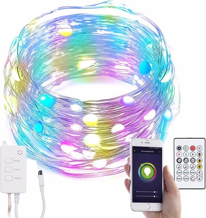 Image du produit Luminea Fil lumineux à LED RVB avec commande musicale, WLAN et App, USB, 10 m (10 m)