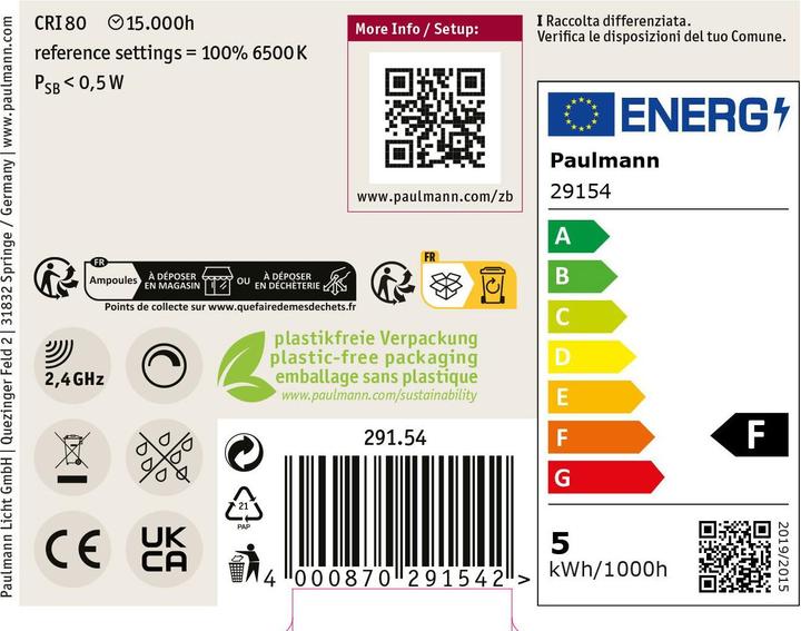 Energielabel Paulmann Drop Zigbee gloeidraad set van 3 (E14, 5 W, 470 lm, 1 x, F)