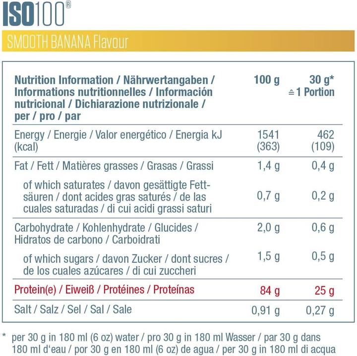 Valeurs nutritives et ingrédients Dymatize Iso 100 Banane Lisse (Banane, 1 pcs, 2264 g)