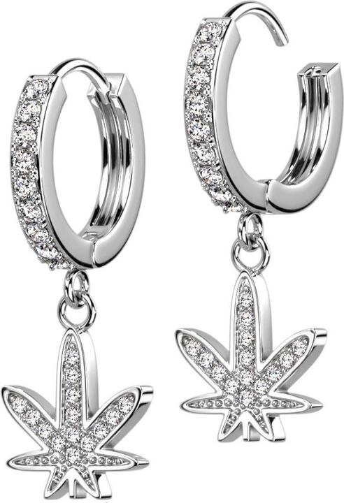 Star Piercing Ohrring zum Klappen silber Kristalle silber Anhänger Hanfblatt (Chirurgenstahl 316L, Messing)