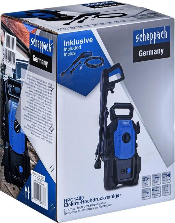 Produktbild Scheppach Hochdruckreiniger 1400W, 110 bar inkl. Quick-Connect-System & Zubehör (Netzbetrieb)