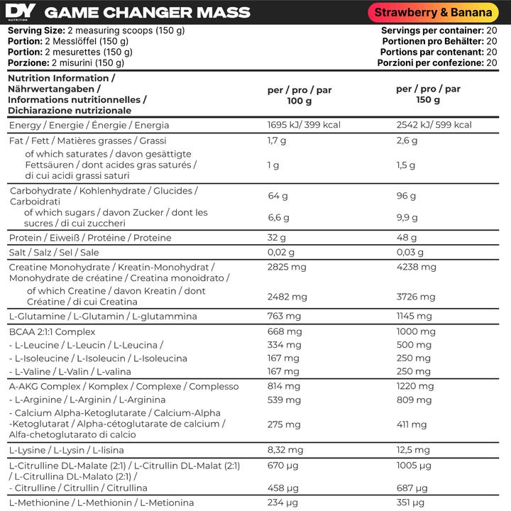 Nährwerte und Zutaten DY Nutrition Game Changer Mass (Erdbeere und Banane, 1 Stk., 3000 g)
